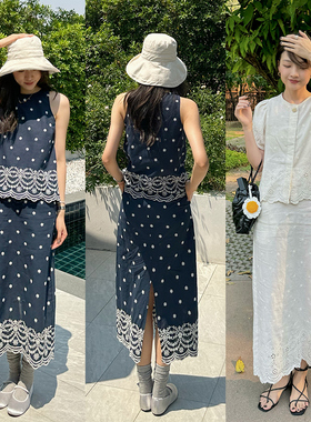 清迈午后 城市通勤绣花亚麻加棉合身高腰刺绣优雅女士半身裙A字裙