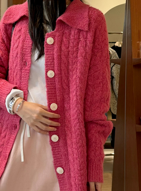 NW8 0EN《cozy winter》翻领羊驼毛绞花毛衫复古气质高级感毛衣女