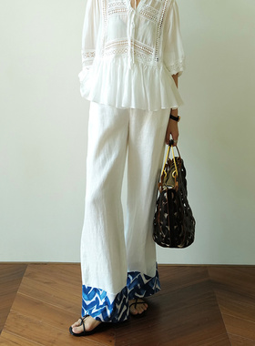 NW8 0EN 法国亚麻翻边印花后松紧腰长裤