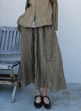 NW80EN 黑色乱褶精致气质优雅高级感半身裙女a字长款大摆裙伞裙女