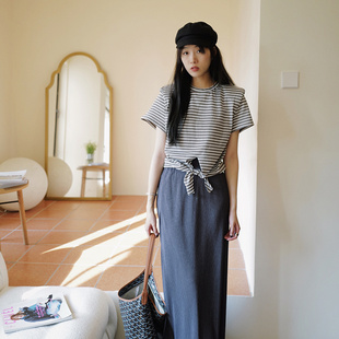 nw80en 常规款垫肩条纹T恤 设计感宽松上衣 复古落肩撞色女士短袖