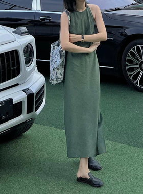 法国雨露麻无袖连衣裙 黑色与巷绿简约气质百搭夏季休闲女装长裙