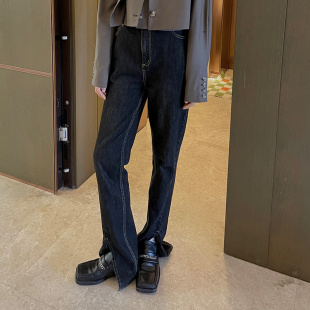 长裤 NW80EN 微绒冬季 牛仔裤 女 黑色开叉微绒落地神裤