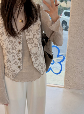 NW80EN 韩版双面植物花卉提花马甲单排扣气质高级感无袖上衣女装