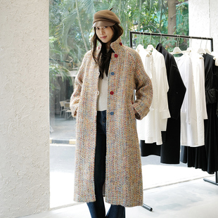 NW8彩虹系列 法式复古宽松型优雅时尚百搭翻领粗花呢长款毛呢大衣