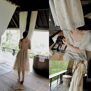 NW80EN 乌布的裙 轻薄剪花打揽褶皱工艺方领可一字露肩连衣裙简约