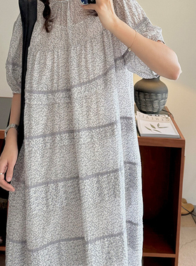 NW80EN印花打条娃娃裙薄纱感丝绵短袖甜美气质宽松碎花连衣长裙女