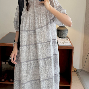 NW80EN印花打条娃娃裙薄纱感丝绵短袖甜美气质宽松碎花连衣长裙女