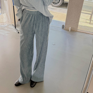 定制日产蓝色丝绒裤 压褶直筒休闲裤 垂感光泽感宽松时尚休闲简约