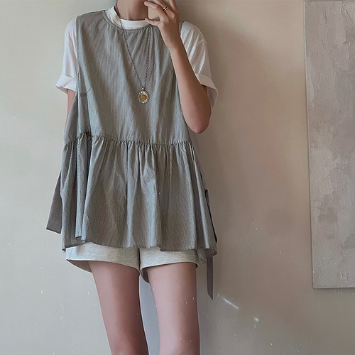 设计师原创条纹拼接无袖小衫