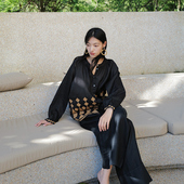 NW80EN几何型定位宽松绣花苎麻黑色长袖 休闲简约百搭女装 衬衫 时尚