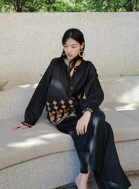 NW80EN几何型定位宽松绣花苎麻黑色长袖衬衫时尚休闲简约百搭女装