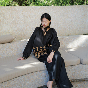 NW80EN几何型定位宽松绣花苎麻黑色长袖衬衫时尚休闲简约百搭女装