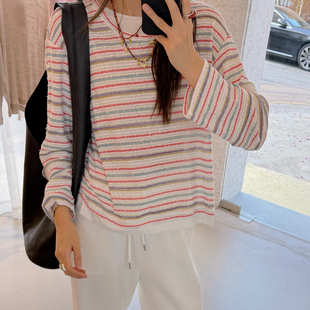 休闲风宽松型小众设计感假两件T恤女 长袖条纹拼接 层次感打底衫