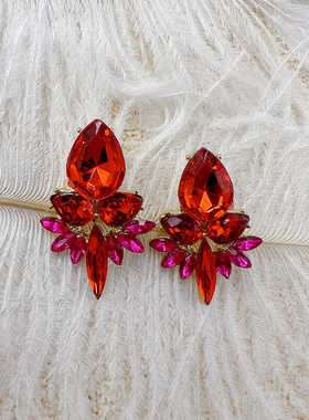 欧美彩钻奢华耳饰重工红色宝石耳环复古宫廷风几何耳钉【C040】