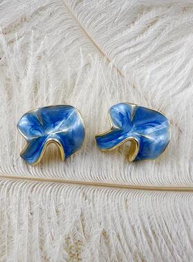 个性几何褶皱耳钉蓝色滴釉珐琅耳环百搭无耳洞气质耳夹【C155】