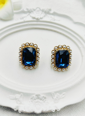 经典款蓝色方形珍珠耳饰中式复古耳钉无耳洞耳夹女气质【B835】