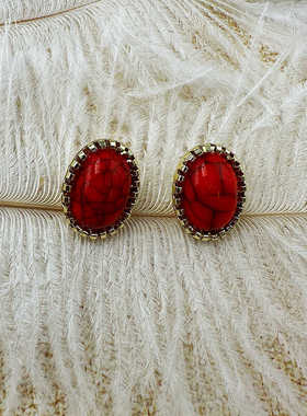vitage复古耳饰红色椭圆形彩色宝石耳夹无耳洞耳环耳钉【C037】