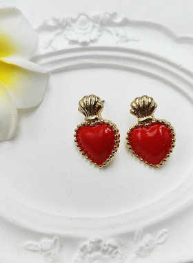 鎏金皇冠爱心耳钉红色滴油珐琅桃心轻奢复古耳饰【B239】
