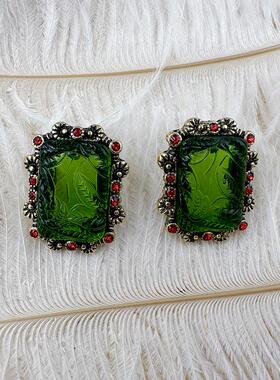琉璃复古做旧耳钉青岛中古绿色花边耳环小众高级感耳饰【C190】