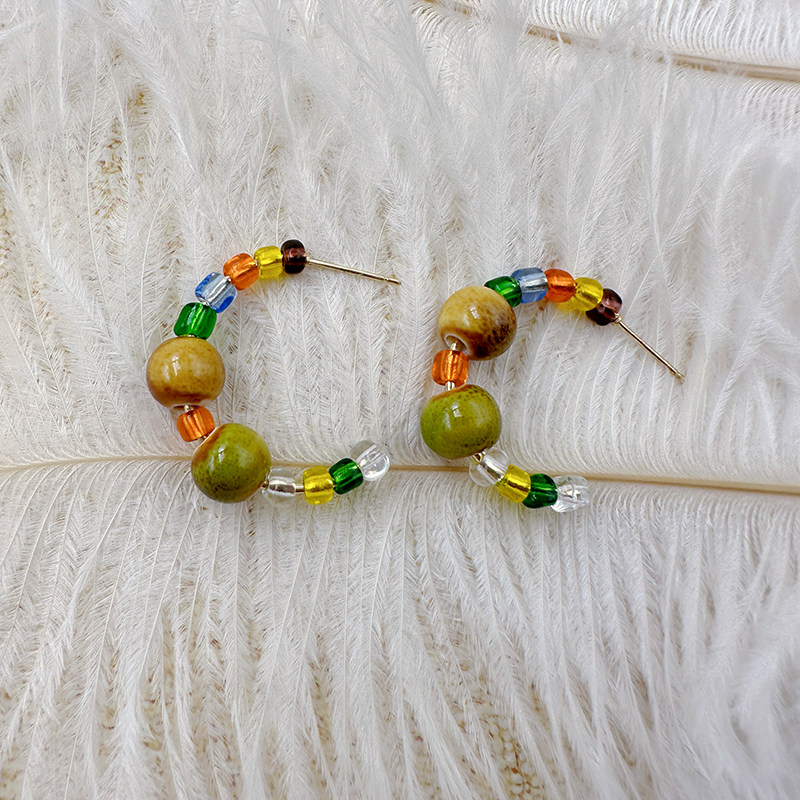 彩色串珠耳环冷淡风个性气质耳钉简约耳饰品新款耳圈【C367】