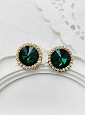 绿色宝石耳饰珍珠耳环女轻奢高级感耳钉适合喜庆节日【B778】