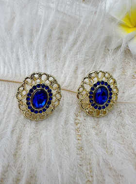 蓝色宝石椭圆耳饰法式轻奢小众耳环复古宫廷风几何耳钉【C034】