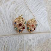 C223 新款 水果草莓耳饰琉璃宝石珍珠镶嵌复古耳钉简约中古饰品