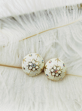 白色滴釉气质银针耳环复古宫廷民族珐琅法式圆形个性耳钉【B603】