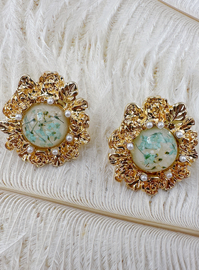 中古绿色宝石耳饰花朵耳钉法式优雅气质高级宫廷风耳夹【C294】