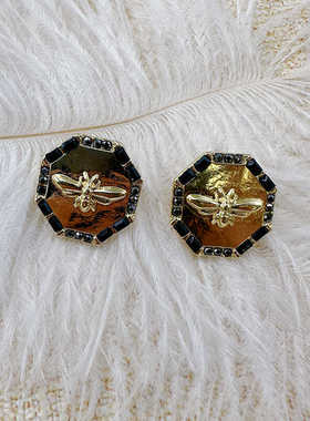 法式小香风耳饰小蜜蜂新款耳钉黑色圆形高级感耳环【C061】