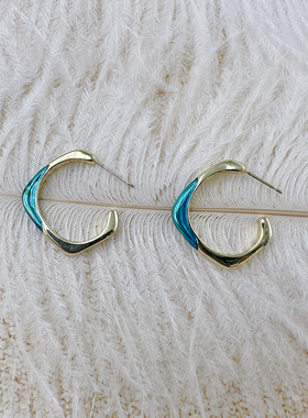 绿色滴油金属耳环不规则C形耳钉冷淡风简约气质银针耳饰【C015】