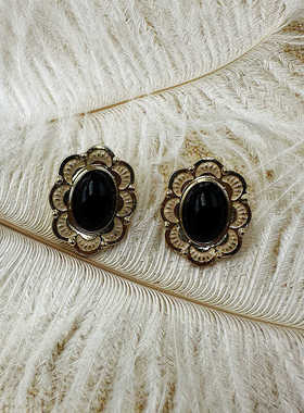 中古港风耳饰古董Vintage复古时髦夸张黑色宝石耳钉银针【C079】