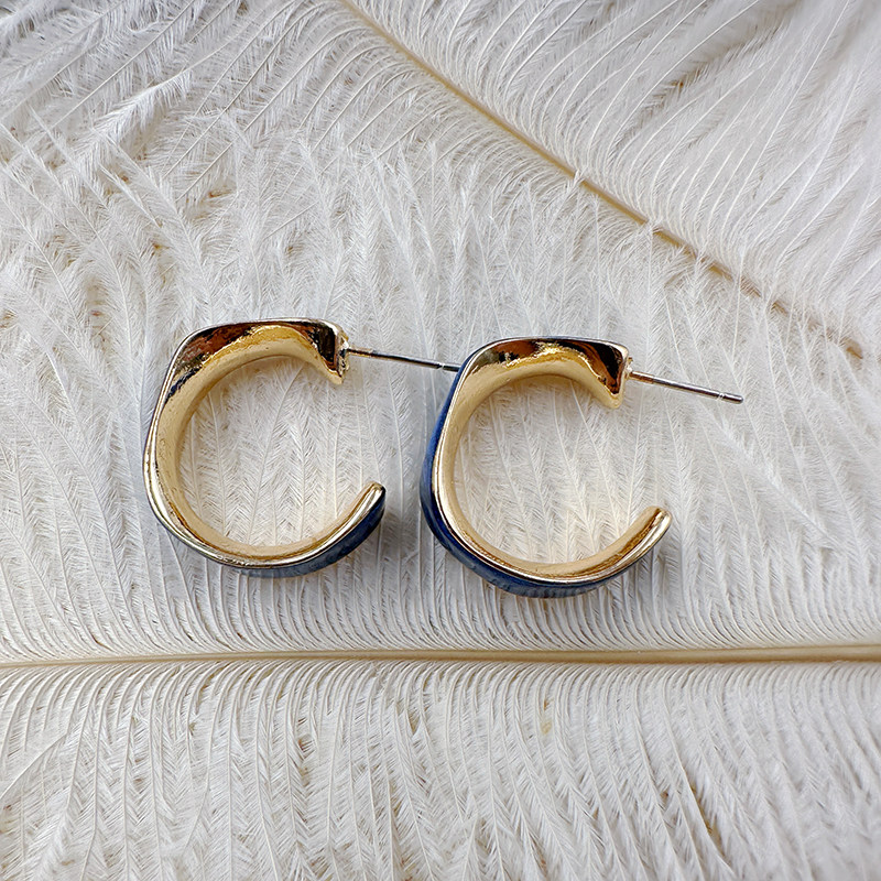 蓝色滴油C形耳环时尚风精致耳钉轻奢气质小众无耳洞耳夹【C401】