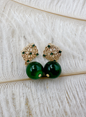 古风耳饰森系仙女耳环绿色圆珠耳坠女气质百搭配旗袍耳夹【C383】