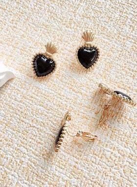 中古黑色滴油珐琅桃心鎏金皇冠爱心耳饰轻奢复古耳钉耳夹【B239】