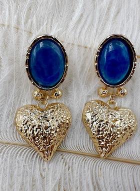 vintage中古耳环饰品蓝色立体爱心浮雕长款大气耳环【C186】