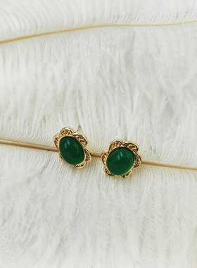 中式复古耳饰绿色椭圆宝石银针耳钉气质宫廷搭配旗袍汉服【B682】