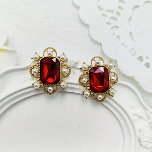 红色方形宝石耳环法式复古小众设计欧美气质百搭耳夹耳饰【B812】