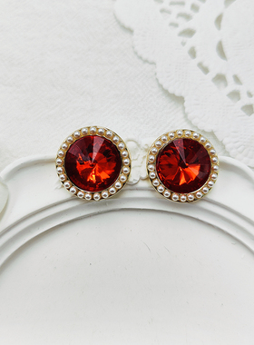 酒红色宝石耳饰珍珠耳环轻奢高级感耳钉适合喜庆节日银针【B778】