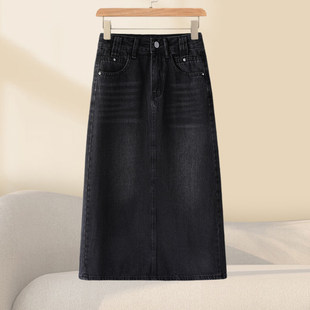 夏天2025新款黑色牛仔半身裙女a字裙高腰显瘦百搭时尚中长款裙子