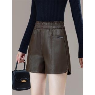 休闲短裤女2025新款秋季高腰a字版型裤子显瘦大码小个子阔腿皮裤