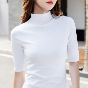 半中领螺纹5分简单t恤秋 小高领打底衫 女中袖 上衣女七分袖 春夏薄款
