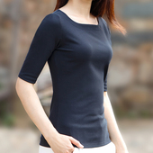 上衣女 修身 七分袖 中袖 搭配阔腿裤 t恤春季 显瘦黑色半圆领体侐衫