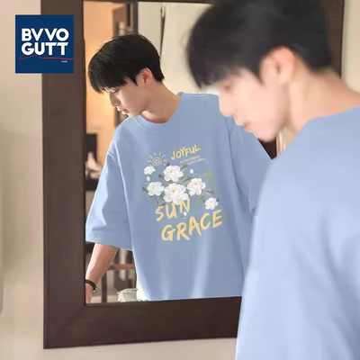 t恤男2025夏季新款山茶花纯棉