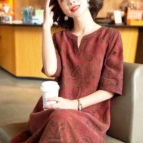 香云纱桑蚕丝连衣裙2026夏新款中老年宽松杭州丝绸气质长款妈妈裙