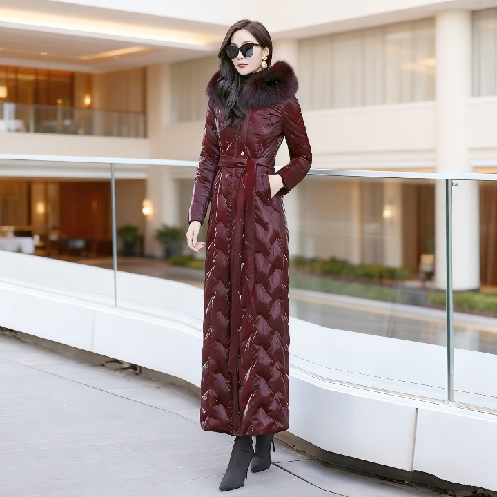 酒红色大毛领长款羽绒棉服女2025冬新款气质修身超好看过膝外套