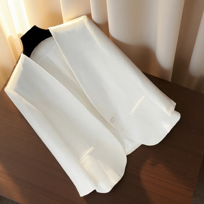 三醋酸缎面西装外套女2025春秋新款无领高级感小个子短款上衣白色