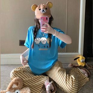 短袖长裤睡衣女春夏季薄款圆领套装甜美可爱卡通慵懒休闲风家居服