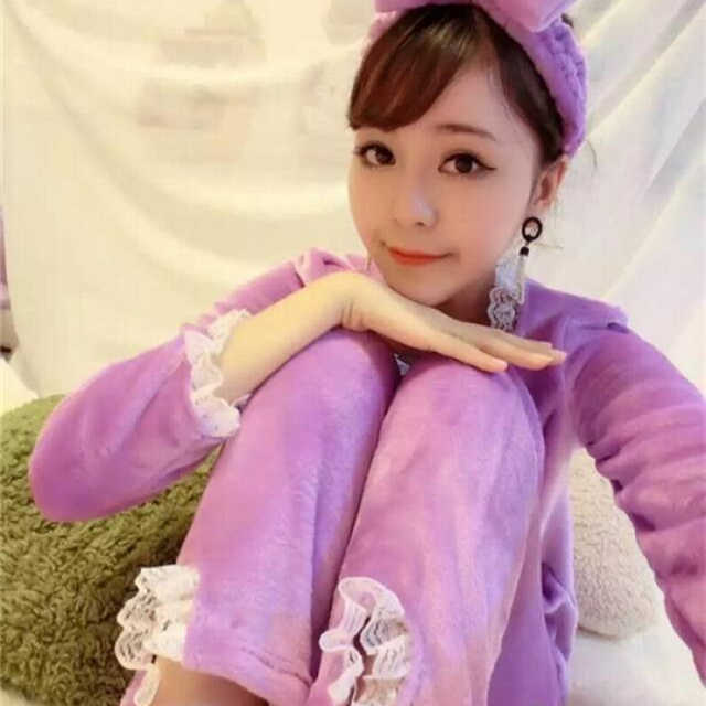 3采蝶衣睡衣女冬天法兰绒加厚保暖两件套长袖蕾丝甜美可爱学生套装